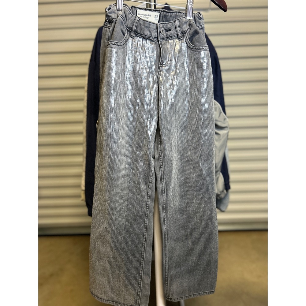 Abercrombie Kids Jeans Girls 9/10 Gray Low Rise Baggy Sequin Wide Leg Denim Y2K
